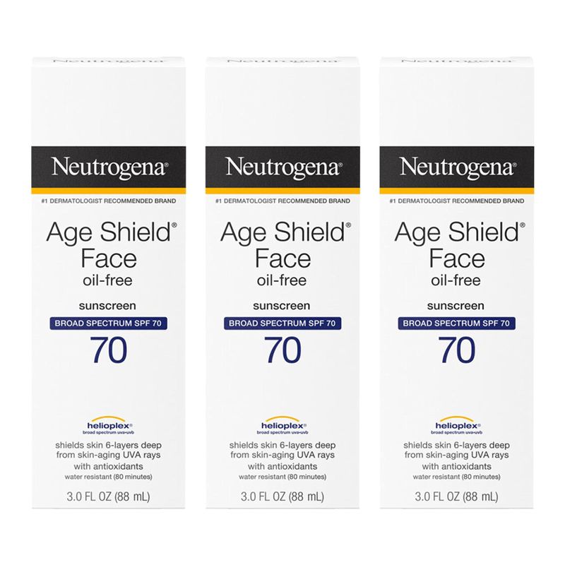 Neutrogena Age Shield Face Oil-Free Sunscreen Lotion with Broad Spectrum SPF 70, Non-Comedogenic Moisturizing Sunscreen to Help Prevent Signs of Aging, PABA-Free, 3 fl. oz (Pack of 3)