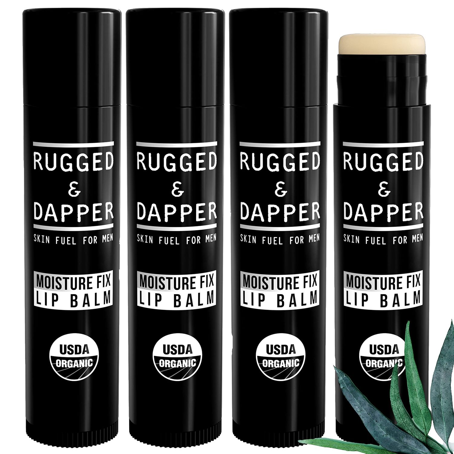 RUGGED &amp; DAPPER Lip Balm for Men | Certified Organic + Natural Ingredients | 4-Pack Set Protects Dry + Chapped Lips