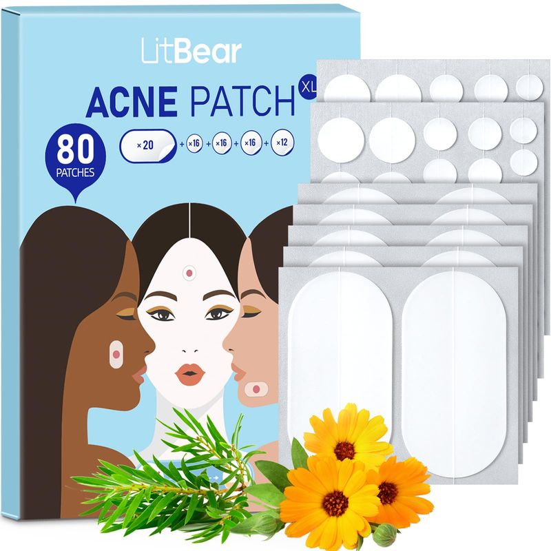 LitBear Large Acne Pimple Patches, 5 Sizes 80 Patches for Large Breakouts, Acne Patches for Face, Chin or Body, Acne Spot Patch with Tea Tree &amp; Calendula Oil, Hydrocolloid Bandages for Acne Skin