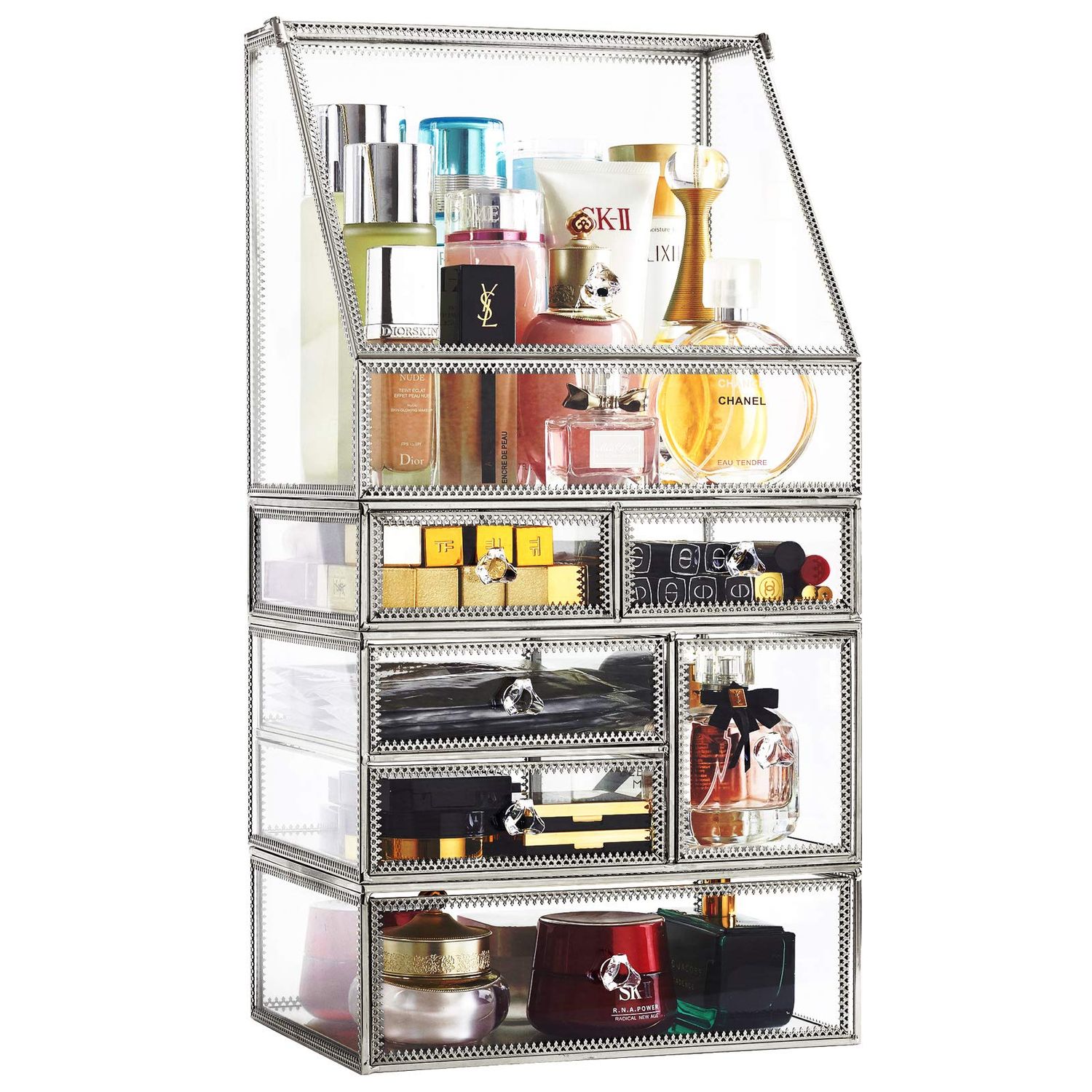 Hersoo Antique Mirror Glass Drawers Set/3pieces Stackable Skincare/Metal Cosmetic Makeup Storage/Stunning Jewelry Cube Perfume Organizer for Vanity/Countertop Holder for Bathroom Accessories (SILVER)