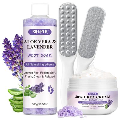 Xifepfr Foot Soak Set Callus Remover Pedicure Kit - Urea Cream 40%, Lavender Foot Soak Salt with Epsom Salt &amp; Foot File for Dead Skin, Foot Care Kit for Dry Cracked Heels at Home