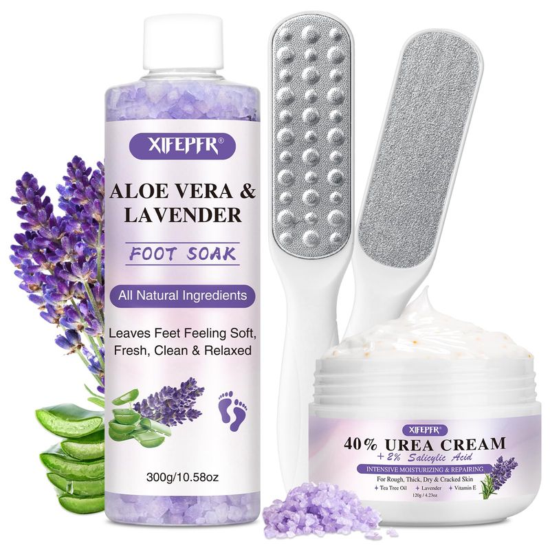 Xifepfr Foot Soak Set Callus Remover Pedicure Kit - Urea Cream 40%, Lavender Foot Soak Salt with Epsom Salt &amp; Foot File for Dead Skin, Foot Care Kit for Dry Cracked Heels at Home