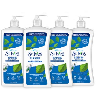 St. Ives Renewing Hand &amp; Body Lotion for Women with Pump, Daily Moisturizer Collagen Elastin for Dry Skin, Made with 100% Natural Moisturizers, 21 fl oz, 4 Pack