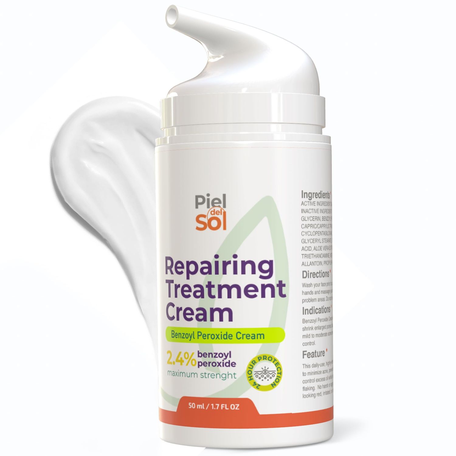 Piel del Sol cosmetics Acne Cleansing Cream &amp; Repairing Treatment - Face &amp; Body Skincare with Benzoyl Peroxide, Sweet Almond Oil, Tea Tree Oil, Aloe Vera Extract for Acne Spot Treatment, 50ml