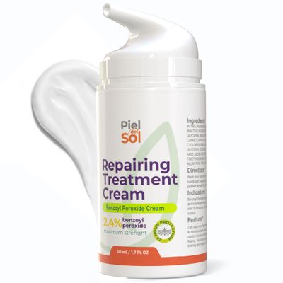 Piel del Sol cosmetics Acne Cleansing Cream &amp; Repairing Treatment - Face &amp; Body Skincare with Benzoyl Peroxide, Sweet Almond Oil, Tea Tree Oil, Aloe Vera Extract for Acne Spot Treatment, 50ml