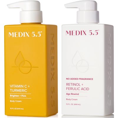 MEDIX Fragrance Free Firming Retinol Body Lotion + Brightening Vitamin C Cream 2pc Skin Care Set | Crepey Skin Care Treatment | Anti Aging Body Cream &amp; Face Moisturizer For Crepe Skin &amp; Dark Spots