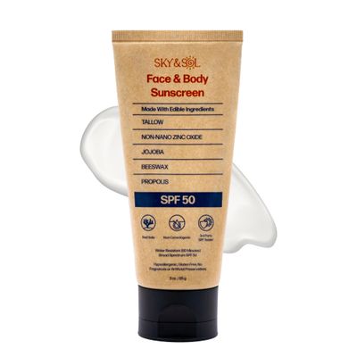 Sky and Sol Non-Toxic Natural Mineral Sunscreen SPF 50 | Safest Organic Natural Tallow &amp; Zinc Oxide Sunblock | Reef Safe, Clean Non-Greasy Formula for Face and Body | Women and Men. 3 oz (85 g)