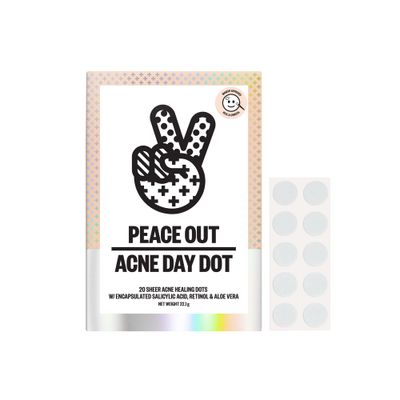 PEACE OUT Skincare Acne Day Dot. 6-hour Fast Acting Sheer Hydrocolloid Pimple Patches with Salicylic Acid, Ultra-Thin, Virtually Invisible, Quickly Clear Breakouts, Blemishes and Zits, 20 dots