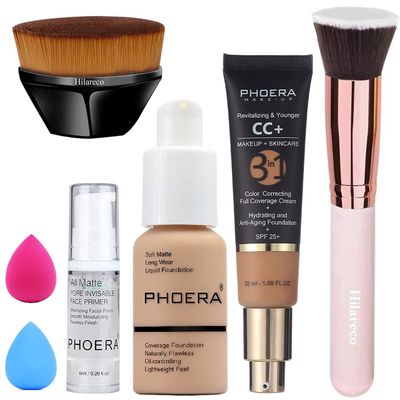 PHOERA Foundation,PHOERA CC+ Cream Color Correcting Anti Aging Hydrating Serum &amp;SPF 25+,PHOERA Primer, PHOERA Makeup,Kabuki Brushes Foundation Brush Powder (104 Buff Beige+ 140 Buff Beige CC Cream)