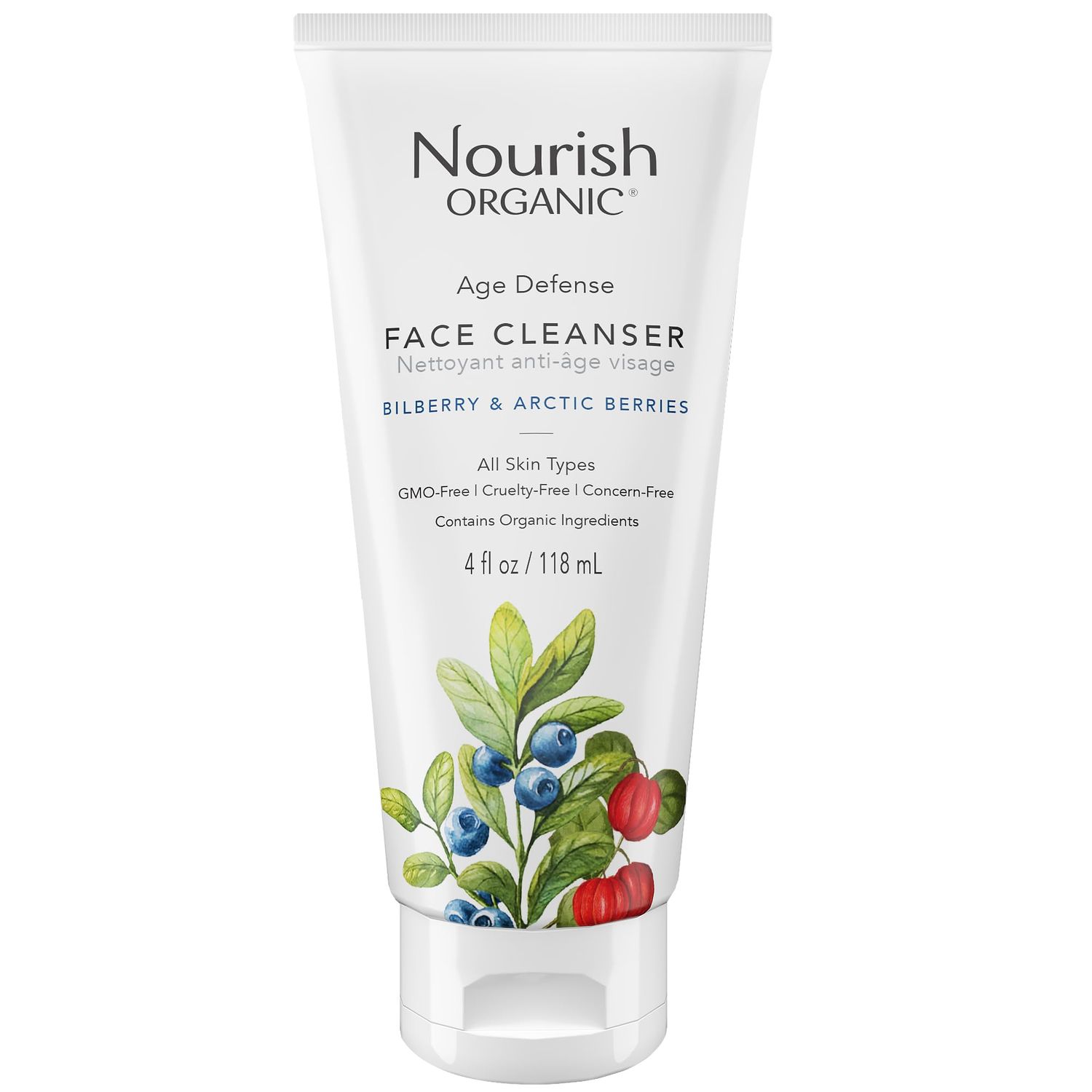 Nourish Organic Face Cleanser, Age Defense Bilberry &amp; Arctic Berries - Anti-Aging Face Wash with Aloe Vera + Washable Cotton Round