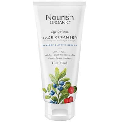 Nourish Organic Face Cleanser, Age Defense Bilberry &amp; Arctic Berries - Anti-Aging Face Wash with Aloe Vera + Washable Cotton Round