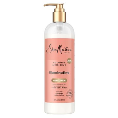 SheaMoisture Illuminating Body Lotion with Coconut Oil, Hibiscus, Niacinamide and Pro-Ceramides, Instantly Enhancing Skin&#39;s Natural Glow, 24H Moisturizing 16 oz