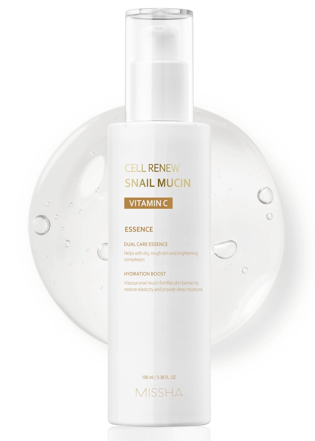 MISSHA Cell Renew Snail Mucin Vitamin C Essence Serum 3.38 Fl oz - Hydrating Korean Skincare for Glass Skin, Snail Mucin Serum for Improved Skin Texture &amp; Complexion