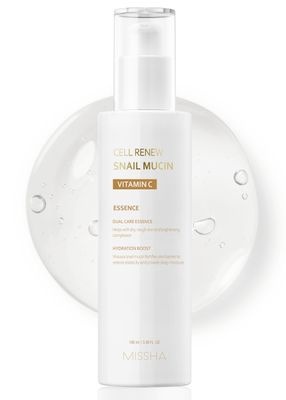 MISSHA Cell Renew Snail Mucin Vitamin C Essence Serum 3.38 Fl oz - Hydrating Korean Skincare for Glass Skin, Snail Mucin Serum for Improved Skin Texture &amp; Complexion