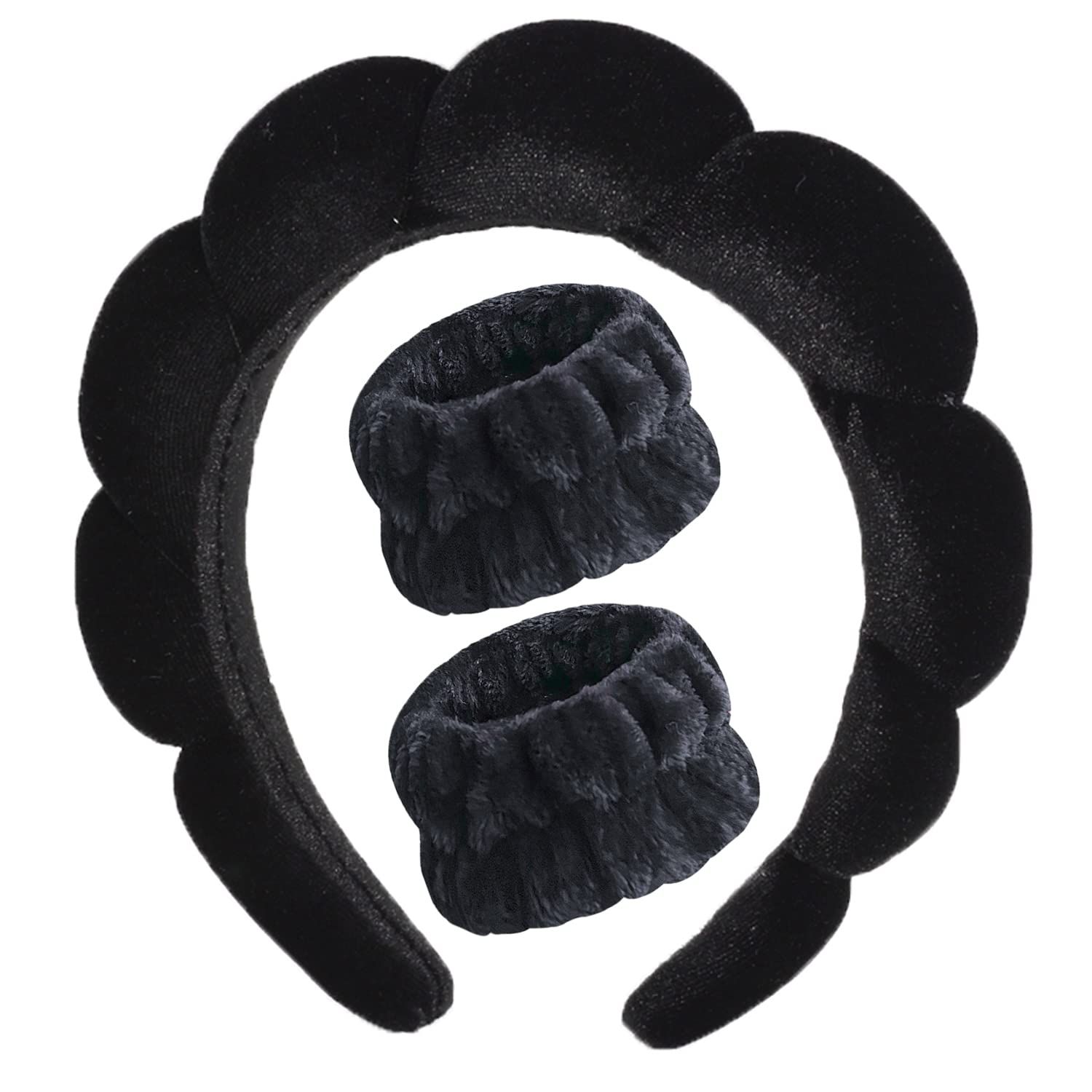 Luckybear Spa Headband for Washing Face, Velvet Makeup Headband, Bubble Skincare Headbands with Face Wash Wristbands, Sponge Puffy Headband for Women Skin Care - Black
