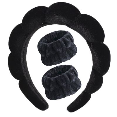 Luckybear Spa Headband for Washing Face, Velvet Makeup Headband, Bubble Skincare Headbands with Face Wash Wristbands, Sponge Puffy Headband for Women Skin Care - Black