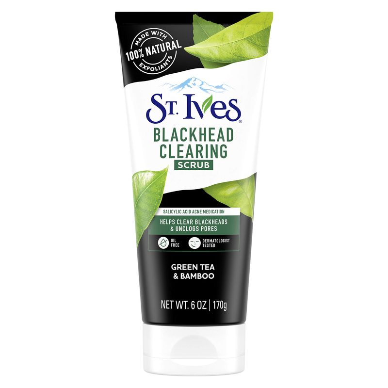 St. Ives Blackhead Clearing Face Scrub, Clears Blackheads &amp; Unclogs Pores, Green Tea &amp; Bamboo, Salicylic Acid Acne Treatment Facial Scrub, Moderate Exfoliator Skin Care with Natural Exfoliants 6 oz