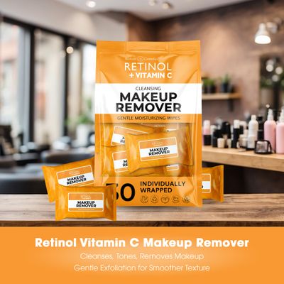 Retinol + Vitamin C Individually Wrapped Makeup Remover Wipes, travel essentials for Travel &amp; On the Go, women facial cleansing towelettes, removes makeup mascara &amp; sunscreen - 30 single face wipes
