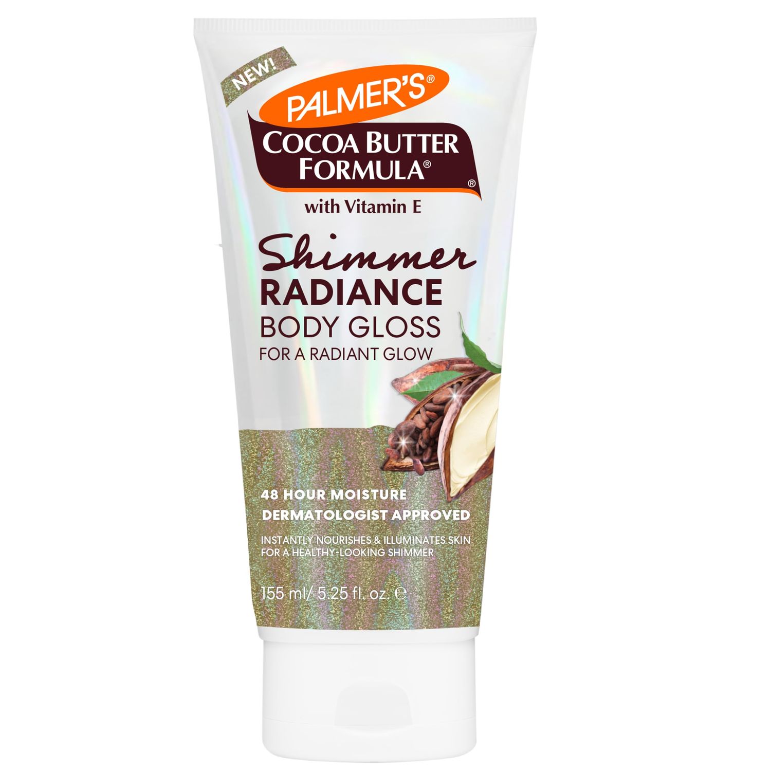 Palmer&#39;s Cocoa Butter Formula Shimmer Body Lotion with Vitamin E, 5.25 Fl Oz, Radiance Body Gloss, Help Blur Veins, Cellulite, Marks, 48 Hour Moisture