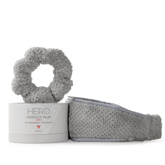 VOLO Luna Gray Spa Headband &amp; Scrunchie Set for Women | Towel Hair Accessories for Makeup, Washing Face, Self Care &amp; Skin Care | Ultra Soft, Absorbent &amp; Stretchy | Perfect Pair Bundle | Microfiber