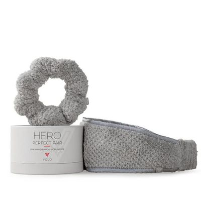 VOLO Luna Gray Spa Headband &amp; Scrunchie Set for Women | Towel Hair Accessories for Makeup, Washing Face, Self Care &amp; Skin Care | Ultra Soft, Absorbent &amp; Stretchy | Perfect Pair Bundle | Microfiber