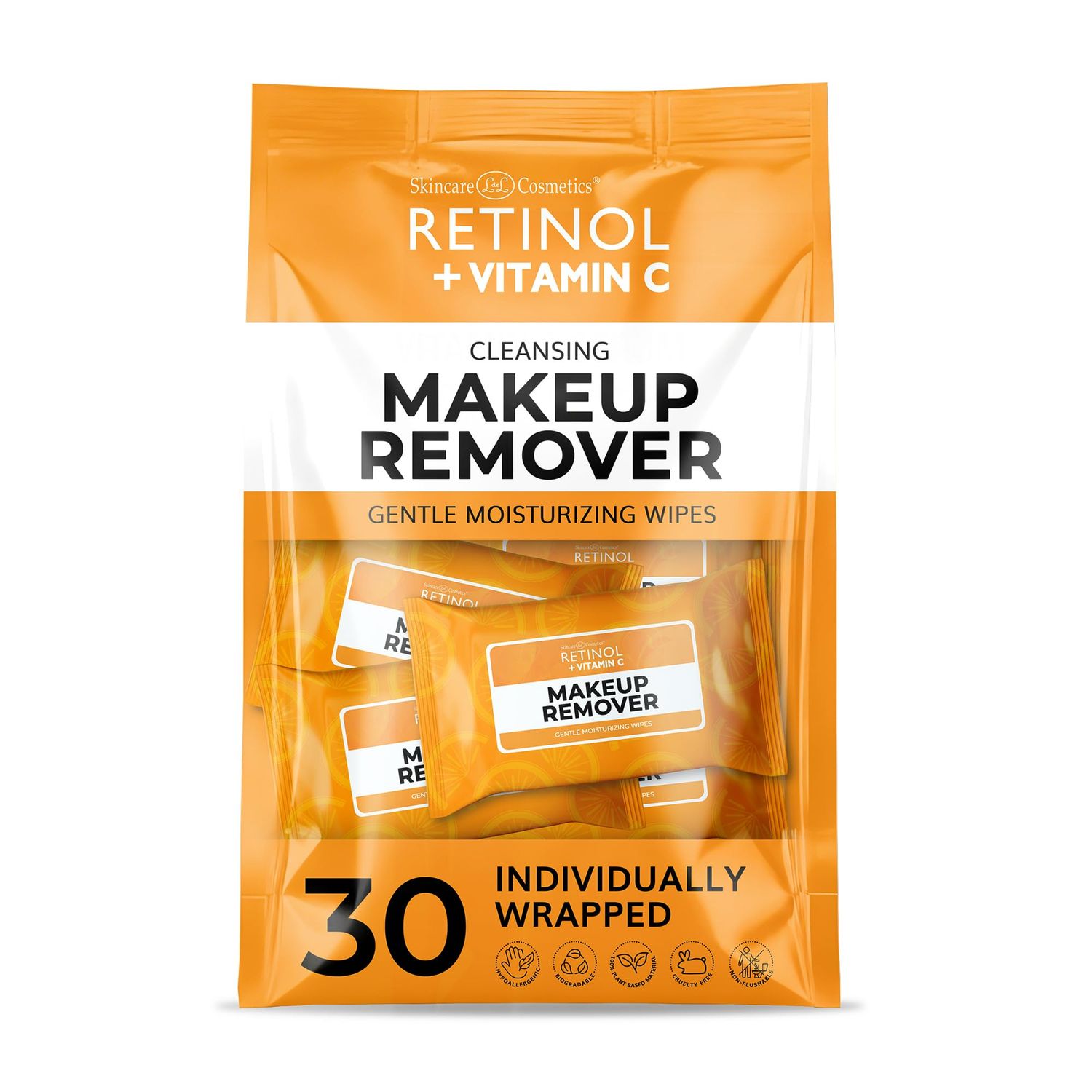 Retinol + Vitamin C Individually Wrapped Makeup Remover Wipes, travel essentials for Travel &amp; On the Go, women facial cleansing towelettes, removes makeup mascara &amp; sunscreen - 30 single face wipes