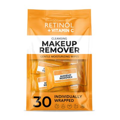 Retinol + Vitamin C Individually Wrapped Makeup Remover Wipes, travel essentials for Travel &amp; On the Go, women facial cleansing towelettes, removes makeup mascara &amp; sunscreen - 30 single face wipes