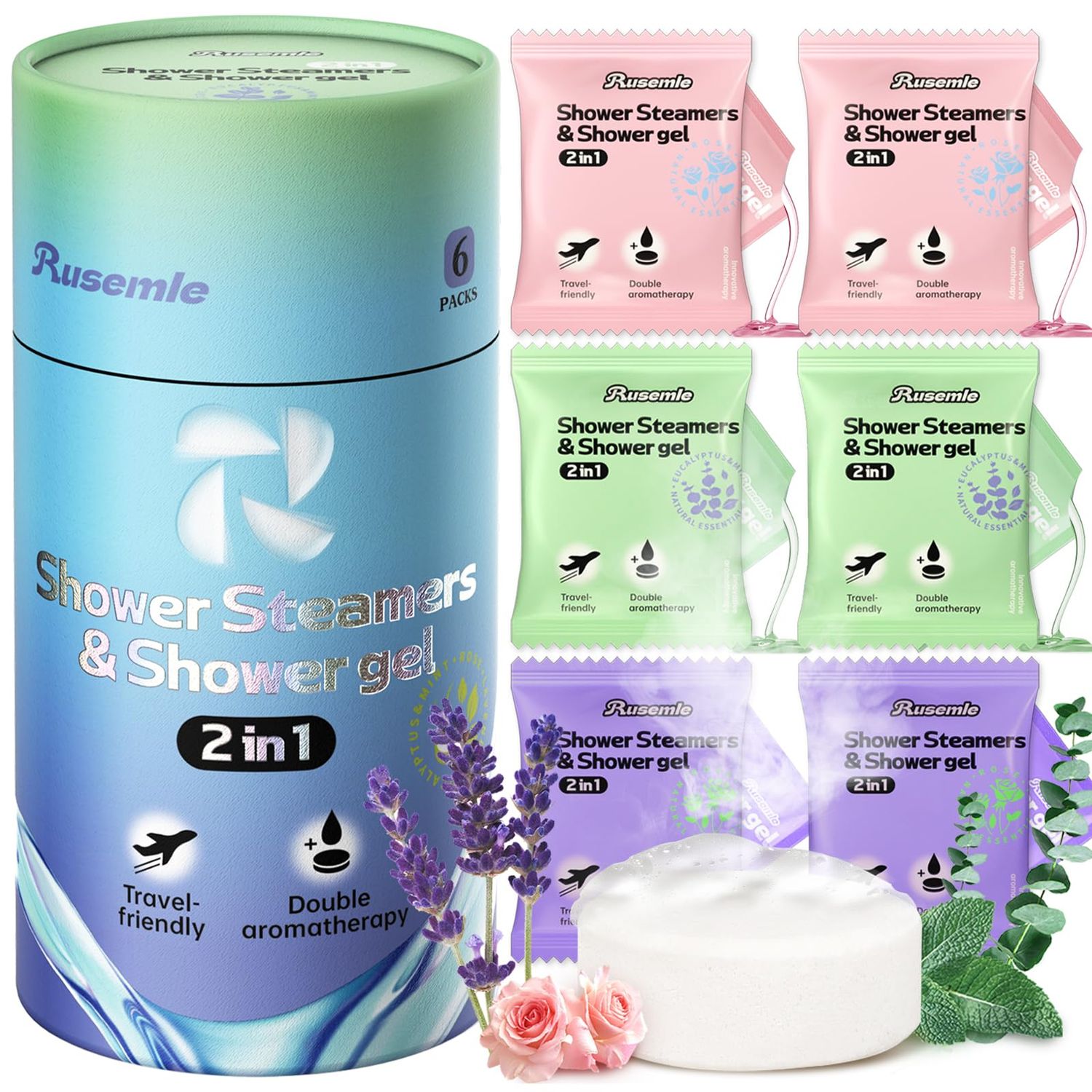 RUSEMLE Shower Steamers Aromatherapy, 6 Pack Shower Bombs &amp; 6 Pack Body Wash, Birthday Gifts for Women with Essential Oils, SPA Gifts for Women Mom, Valentines Day Gifts for Her, Him, Mom, Wife
