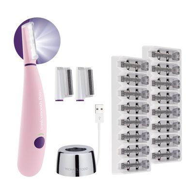 Michael Todd Beauty - Sonicsmooth Pro+ Dermaplaning System with LED Light - 2 in 1 Women&#39;s Face Exfoliation &amp; Peach Fuzz Hair Remover - 16 Dermaplaning Blades &amp; 2 Microsmooth Microdermabrasion Tips