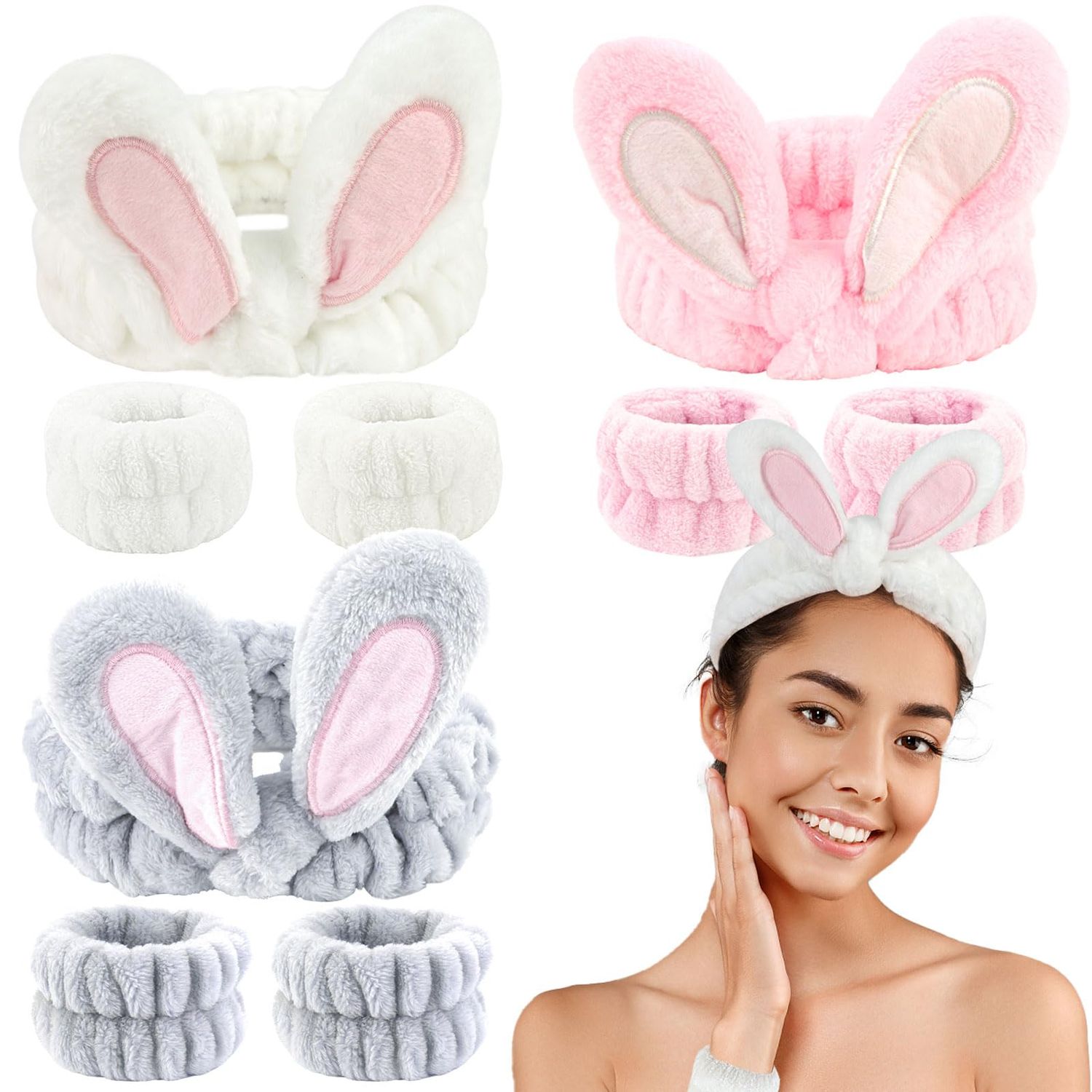 Ondder Spa Headband for Washing Face Bunny Ear Spa Headbands and Wristbands for Skincare Face Wash Head Bands &amp; Wrist Bands for Women Girls