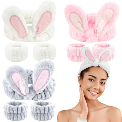 Ondder Spa Headband for Washing Face Bunny Ear Spa Headbands and Wristbands for Skincare Face Wash Head Bands &amp; Wrist Bands for Women Girls