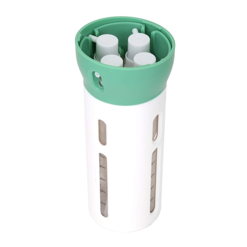 Travigo 4-in-1 Travel Dispenser Bottle, TSA Approved,Includes Four Empty Reusable 1.4 oz. (40 mL) Cosmetic Toiletry Containers for Sanitizer, Soap, Lotions, Skincare, Makeup Products (Green)