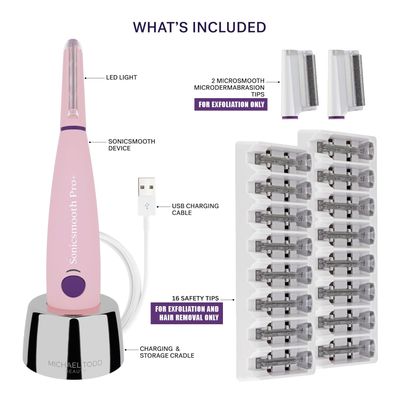 Michael Todd Beauty - Sonicsmooth Pro+ Dermaplaning System with LED Light - 2 in 1 Women's Face Exfoliation &amp; Peach Fuzz Hair Remover - 16 Dermaplaning Blades &amp; 2 Microsmooth Microdermabrasion Tips
