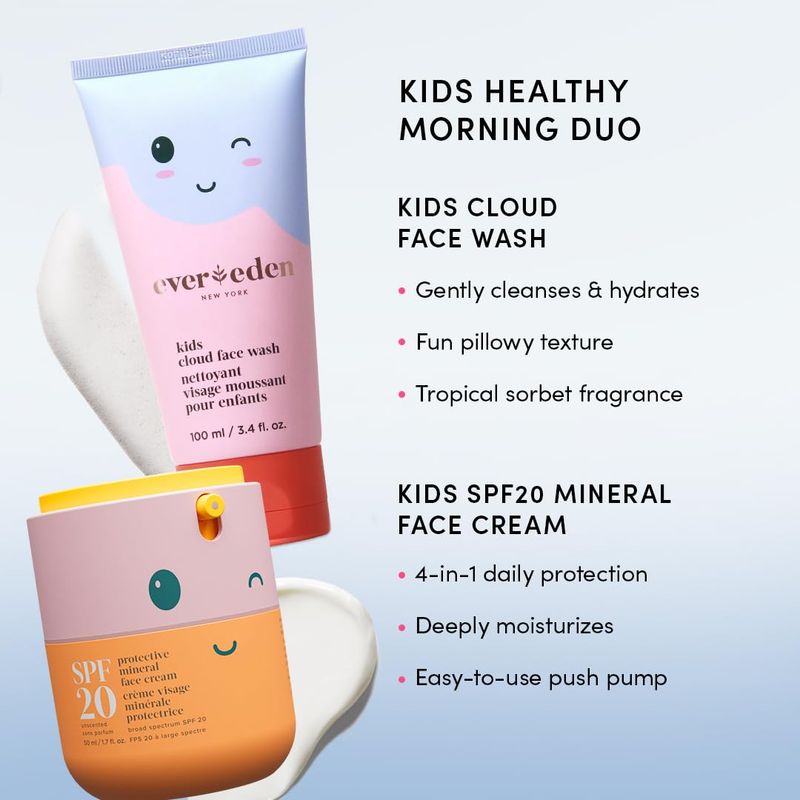Kids Happy Morning DUO: Clean &amp; Vegan Skin Care for Kids Bundle | Kids Skin Care Cloud Face Wash + SPF 20 Mineral Face Cream | Non-Toxic | Non-Comedogenic | Fun | Easy-to-Use Skincare for Kids