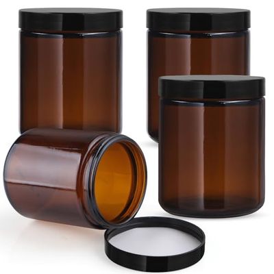 Mirrline 4 Pcs 270g/9oz Amber Glass Jars Empty Straight Sided Cosmetic Containers with Plastic Black Lids for Body Cream Lotion Spice Powder Liquid Sample