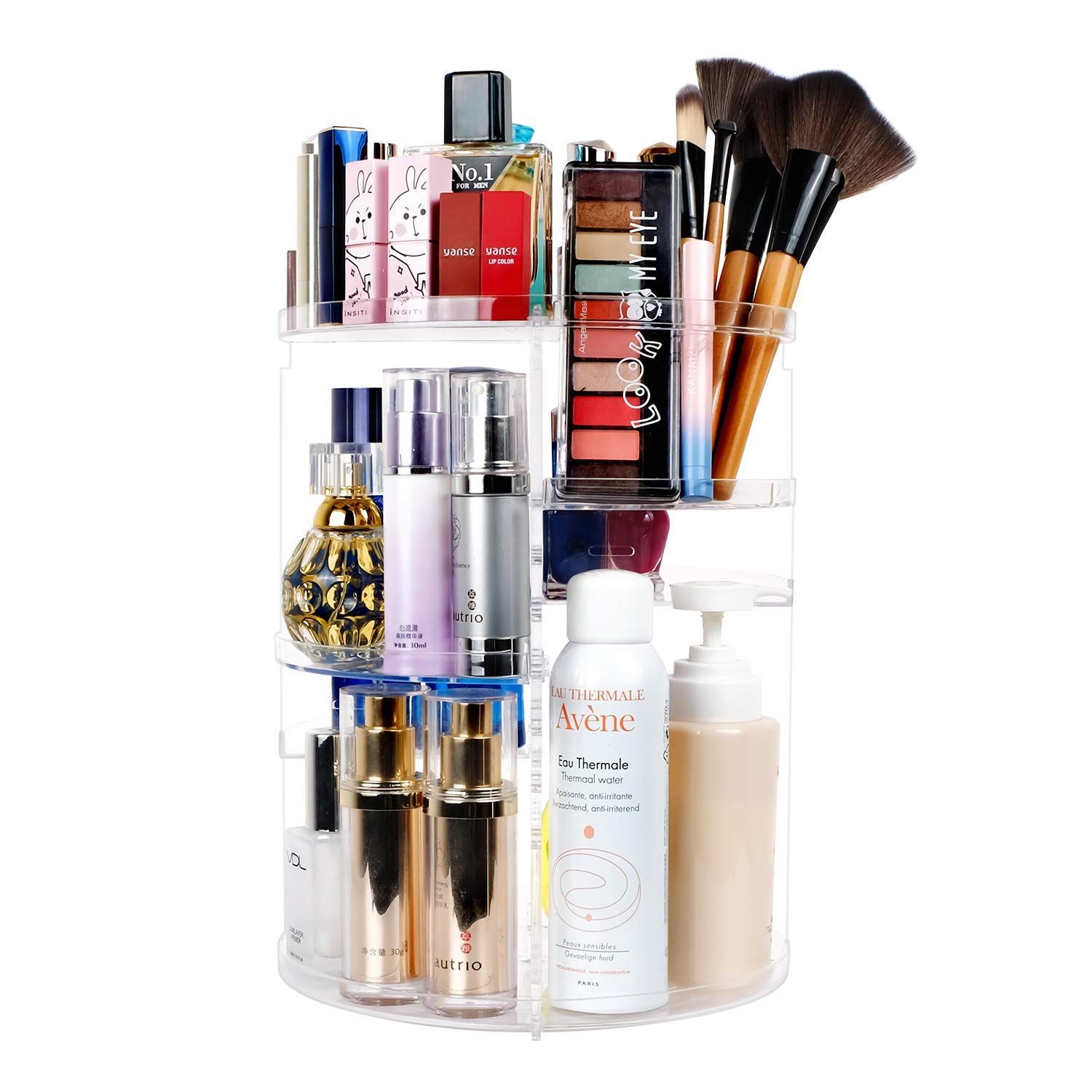 sanipoe Rotating Makeup Organizer, DIY 8 Adjustable Layers 360 Spinning Skincare Organizer, Lazy Susan Rack Cosmetic Carousel Storage Shelf with Brush Holder for Vanity Bathroom Countertop,Clear