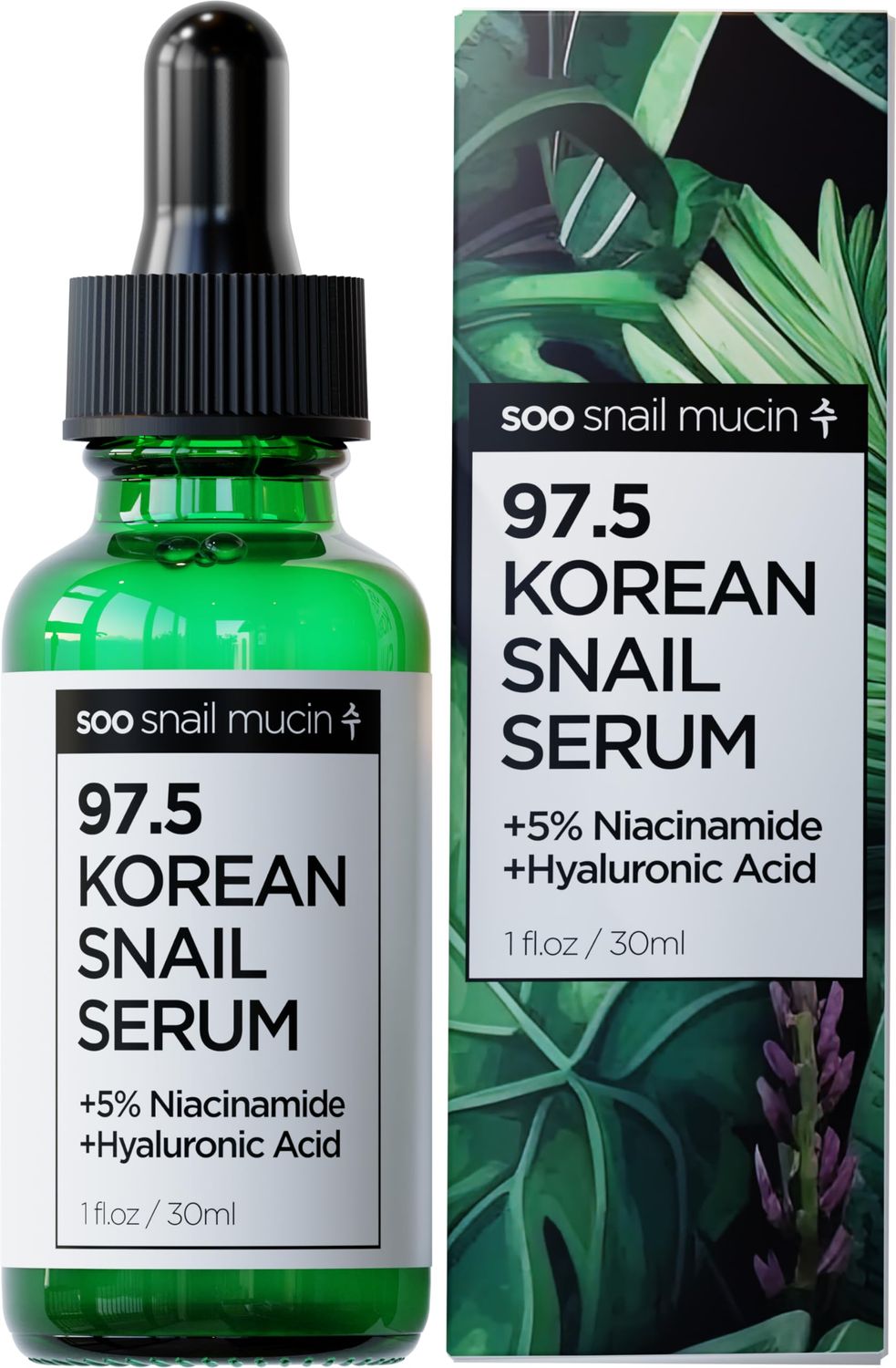 Soo Snail Mucin 97.5% Snail Mucin Serum - Korean Niacinamide Serum - Glass Skin K Beauty Skincare Routine - Cruelty Free Skin Care for Anti Aging 1oz