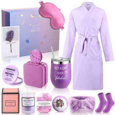 Nuogo 13 Pcs Valentine&#39;s Day Spa Gifts for Girlfriend Birthday Gift Spa Gift Basket Set Gift Basket for Women Mirrors Socks Steamers Jewelry Case Bath Robe for Mom Girlfriend Wife(Purple)