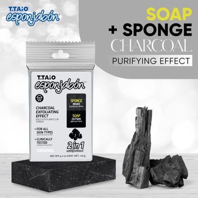 T.Taio Esponjabon Charcoal Soap Sponge - Cleansing Shower Scrubber - Cleaning Bath Wash Scrub - Oil Removal - Massage & Lather Foot, Elbow, & Face - Bathroom Accessories - Charcoal - 2 Pack