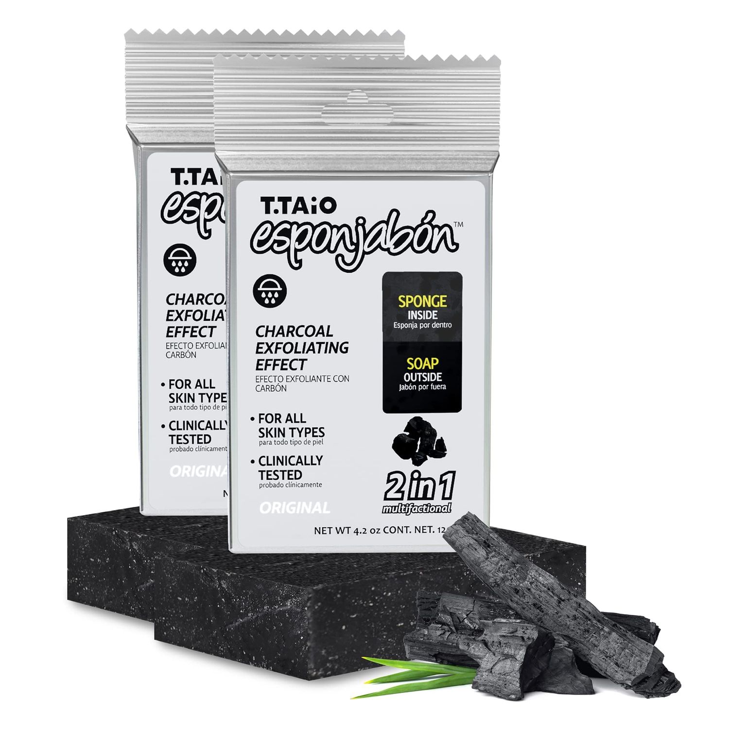 T.Taio Esponjabon Charcoal Soap Sponge - Cleansing Shower Scrubber - Cleaning Bath Wash Scrub - Oil Removal - Massage &amp; Lather Foot, Elbow, &amp; Face - Bathroom Accessories - Charcoal - 2 Pack