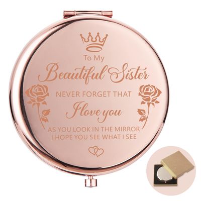 Lcoanriut Sister Gifts Compact Mirror for Purses, to My Beautiful Sister Rose Gold Compact Mirror, Mini Pocket Mirror Sister Gifts, Christmas Graduation Birthday Gifts for Sister