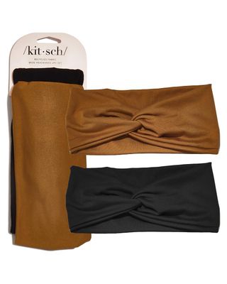 Kitsch Recycled Fabric Wide Turban Headbands for Women and Teens - Non-slip, Trendy Fashion Hair Bands for Spa, Workout, Skincare Routine, Yoga &amp; Gym - Cotton, Comfortable &amp; Thick, 2pcs -Black &amp; Camel