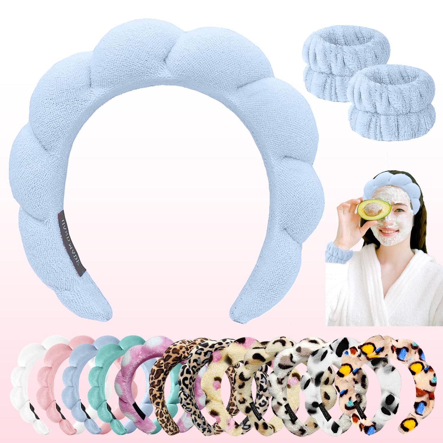 Nisstiiv Mimi and Co Spa Headband for Women, Sponge Washing Face, Makeup Skincare Puffy Headband, Terry Towel Cloth Skincare, with 2pcs Face WristbandsBlue