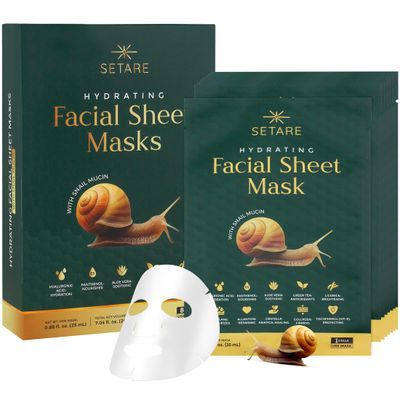 Setare Hydrating Sheet Masks with Snail Mucin, Collagen, Hyaluronic Acid &amp; Premium Botanicals, Korean Beauty Tech, for All Skin Types - 8 Pack