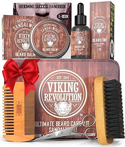 Viking Revolution Ultimate Grooming Kit for Men - Boar Brush, Wood Comb, Sandalwood Balm &amp; Oil, Scissors for Beard &amp; Mustache
