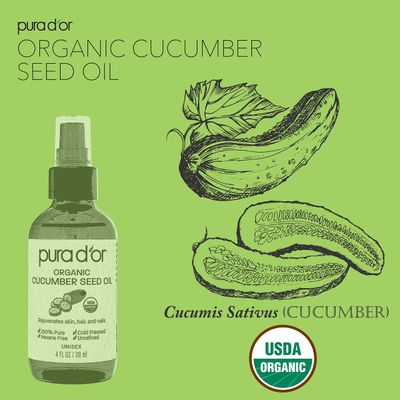 PURA D'OR 4 Oz Organic Cucumber Seed Oil100% Pure USDA Certified Premium Grade All Natural Moisturizer, Cold Pressed, Unrefined, Hexane-Free Base Carrier Oil for DIY Skin Care For Men &amp; Women