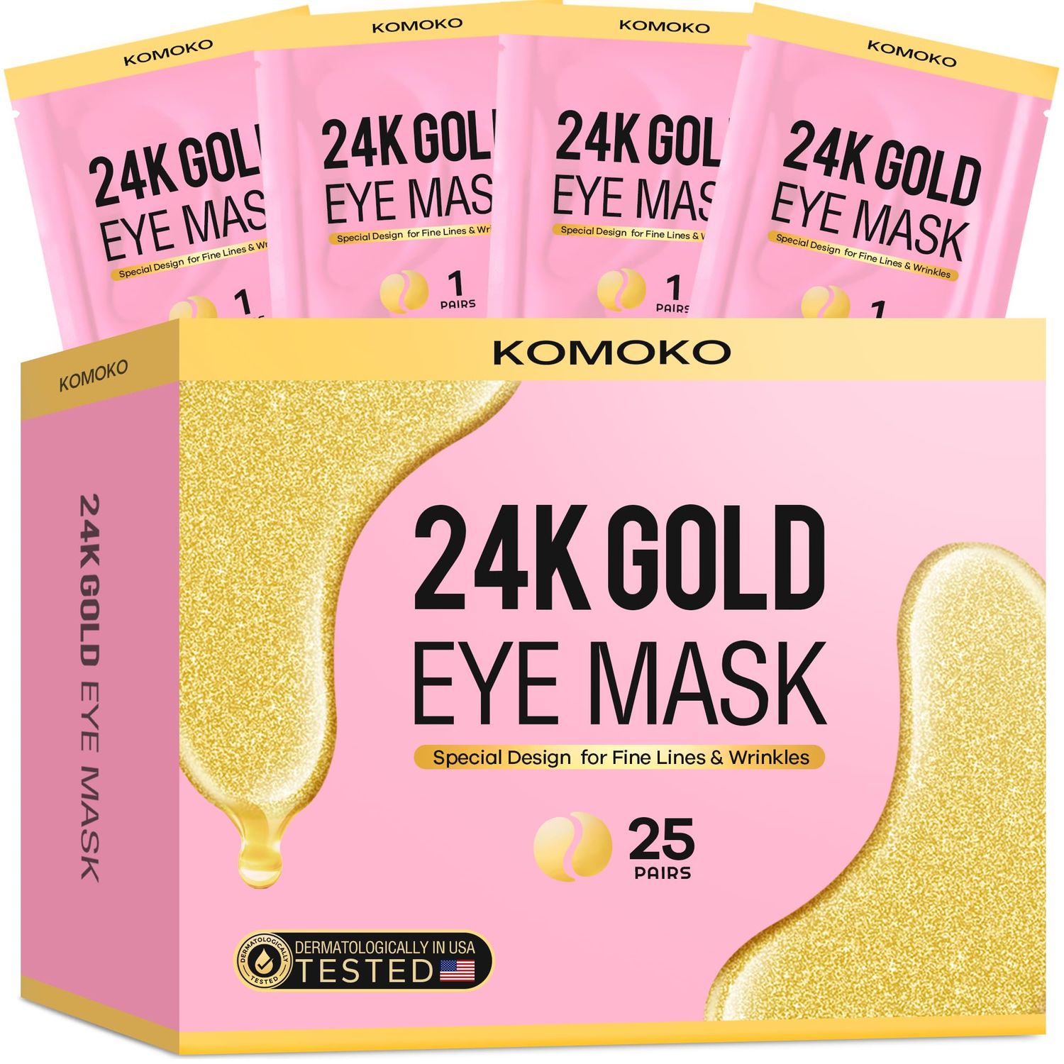Komoko 25-Pairs 24K Gold Under Eye Patches, Skin Care, Golden Under Eye Mask Anti-Aging Collagen &amp; Amino Acid, Eye Mask for Removing Dark Circles, Puffiness and Wrinkles, Refresh Your Under Eye Skin