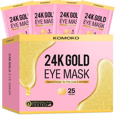 Komoko 25-Pairs 24K Gold Under Eye Patches, Skin Care, Golden Under Eye Mask Anti-Aging Collagen &amp; Amino Acid, Eye Mask for Removing Dark Circles, Puffiness and Wrinkles, Refresh Your Under Eye Skin