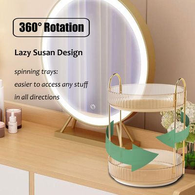 Zufudo Rotating Makeup Organizer Countertop 2 Tier Lazy Susan Trays Clear Skincare Perfume Storage for Bathroom Counter Vanity, Amber Gold
