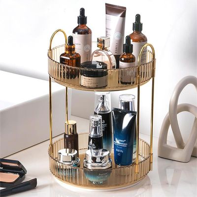 Zufudo Rotating Makeup Organizer Countertop 2 Tier Lazy Susan Trays Clear Skincare Perfume Storage for Bathroom Counter Vanity, Amber Gold